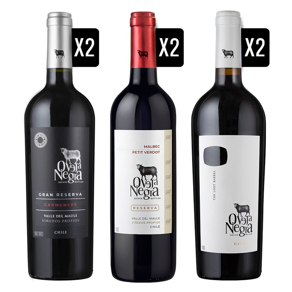 Pack 6x Oveja Negra The Lost Barrel / Gran Reserva Carmenere / Reserva Malbec Petit Verdot